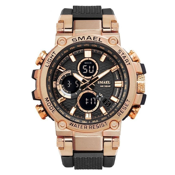 Montre de sport militaire avec cadrans numériques pour hommes - Montre-bracelet multifonction résistante aux chocs 5 bars étanche en or rose