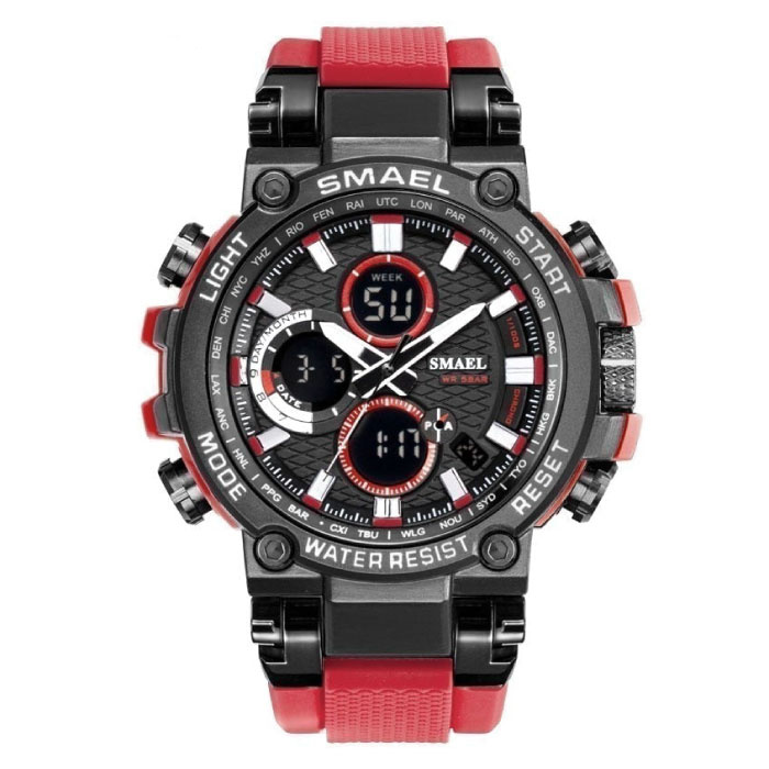 Reloj deportivo militar con diales digitales para hombres - Reloj de pulsera multifunción resistente a los golpes 5 barras impermeable rojo