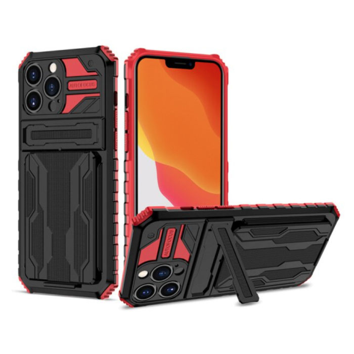 iPhone 8 Plus - Armor Card Slot Case with Kickstand - Wallet Cover Case Red