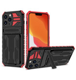 YIKELO iPhone 12 - Étui Armor Card Slot avec béquille - Étui portefeuille rouge