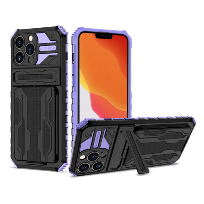iPhone 12 Pro Max - Armor Card Slot Case with Kickstand - Wallet Cover Case Purple