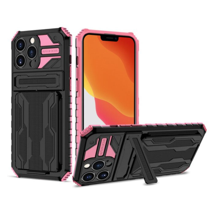iPhone 11 Pro Max - Armor Card Slot Case mit Ständer - Wallet Cover Case Pink