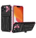 YIKELO iPhone 12 - Armor Card Slot Case mit Ständer - Wallet Cover Case Pink