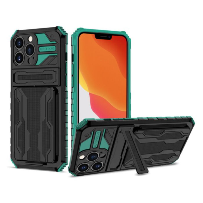 iPhone 12 Pro Max - Armor Card Slot Case with Kickstand - Wallet Cover Case Green