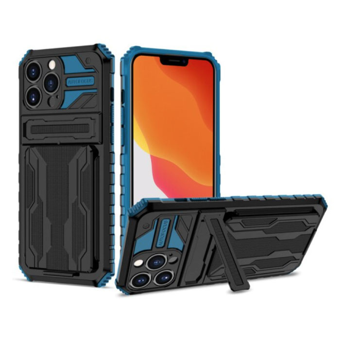 iPhone XR - Armor Card Slot Case with Kickstand - Wallet Cover Case Blue