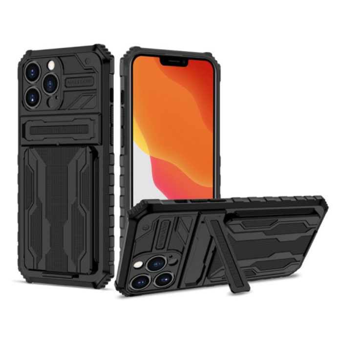 iPhone 13 - Armor Card Slot Hoesje met Kickstand - Wallet Cover Case Zwart