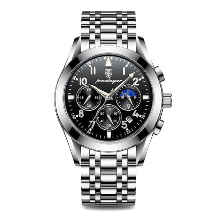 Zegarek ze stali nierdzewnej dla mężczyzn — świecący luksusowy zegarek Wodoodporny kwarcowy srebrny
