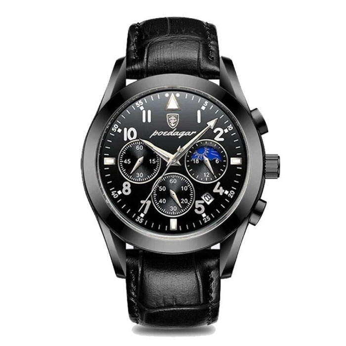 Montre en acier inoxydable pour homme - Montre de luxe lumineuse Bracelet en cuir noir à quartz étanche