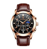 Poedagar Montre en acier inoxydable pour homme - Montre de luxe lumineuse Quartz étanche Bracelet en cuir marron doré