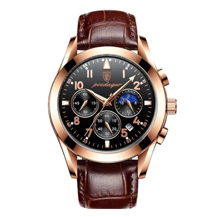 Montre en acier inoxydable pour homme - Montre de luxe lumineuse Quartz étanche Bracelet en cuir marron doré