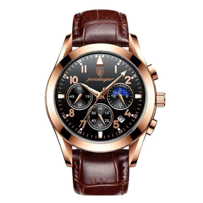 Reloj de acero inoxidable para hombre - Reloj de lujo luminoso Cuarzo impermeable Correa de cuero marrón dorado
