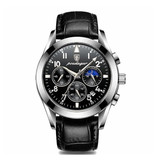 Poedagar Montre en acier inoxydable pour homme - Montre de luxe lumineuse Quartz étanche Bracelet en cuir noir argenté