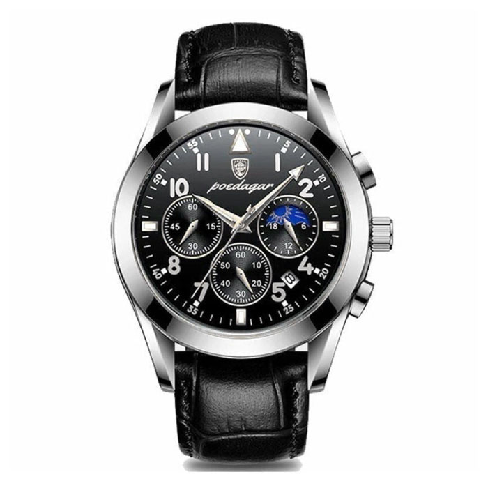 Reloj de acero inoxidable para hombre - Reloj de lujo luminoso, resistente al agua, cuarzo, plateado, correa de cuero negra