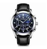 Poedagar Reloj de acero inoxidable para hombre - Reloj de lujo luminoso, resistente al agua, cuarzo, plateado, correa de cuero negra