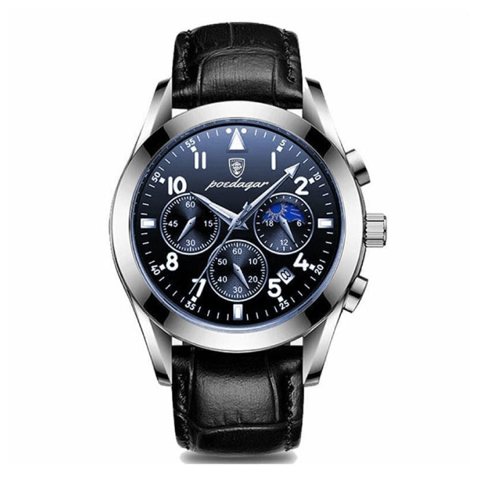 Reloj de acero inoxidable para hombre - Reloj de lujo luminoso, resistente al agua, cuarzo, plateado, correa de cuero negra