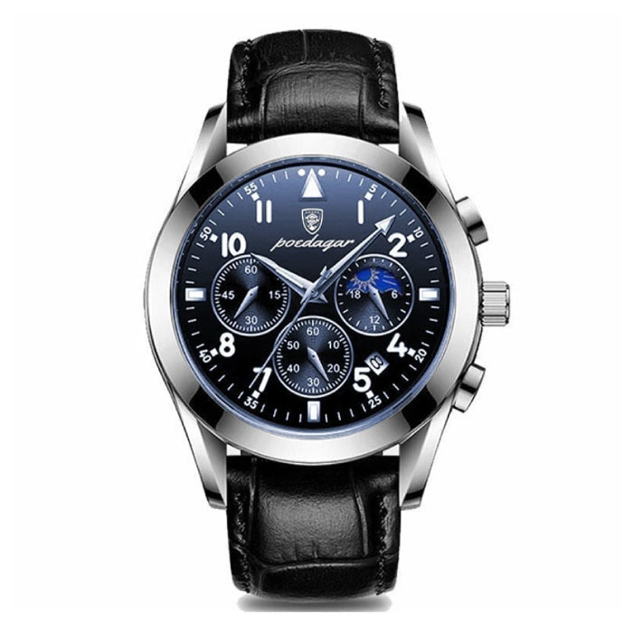 Zegarek ze stali nierdzewnej dla mężczyzn - Luminous Luxury Timepiece Wodoodporny kwarcowy srebrny czarny skórzany pasek
