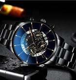 Geneva Montre Classique pour Homme - Bracelet en Acier Quartz Montre de Luxe Calendrier Business Argent Noir