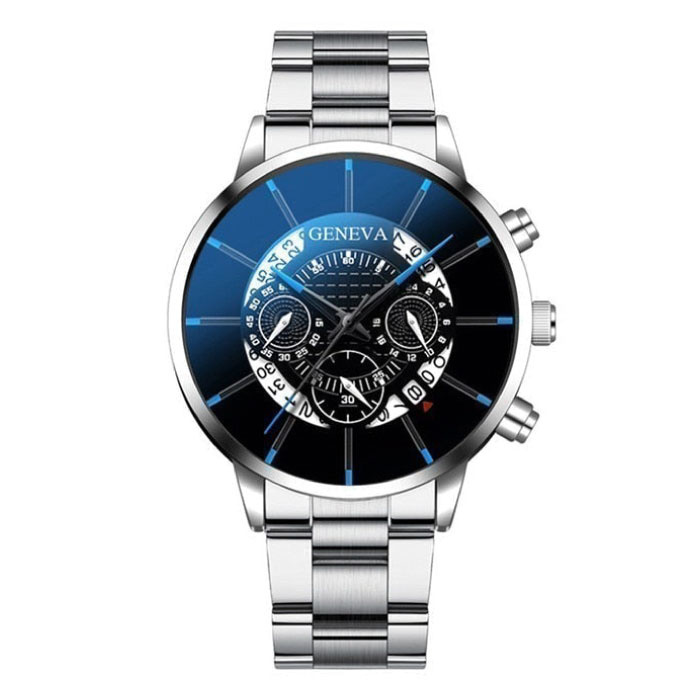 Reloj clásico para hombre - Reloj de lujo con correa de acero de cuarzo Calendario Business Plata Negro