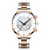 Geneva Montre Classique pour Homme - Bracelet en Acier Quartz Montre de Luxe Calendrier Business Blanc