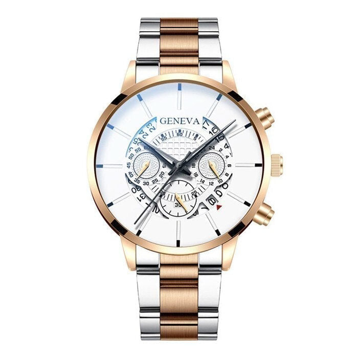 Montre Classique pour Homme - Bracelet en Acier Quartz Montre de Luxe Calendrier Business Blanc