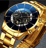 Geneva Classic Watch for Men - Quartz Steel Strap Luxury Timepiece Calendar Business Gold White