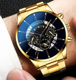 Geneva Classic Watch for Men - Quartz Steel Strap Luxury Timepiece Calendar Business Gold White