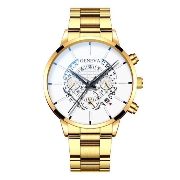 Klasyczny zegarek dla mężczyzn — kwarcowy pasek ze stali luksusowy zegarek z kalendarzem biznesowy złoty biały