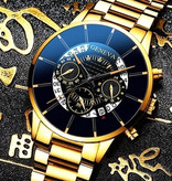 Geneva Classic Watch for Men - Quartz Steel Strap Luxury Timepiece Calendar Business Rose Gold Black