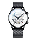 Geneva Montre Classique pour Homme - Bracelet en Acier Quartz Montre de Luxe Calendrier Business Noir Blanc