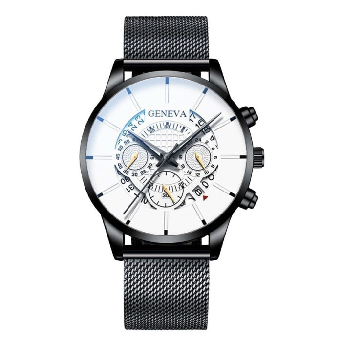 Classic Watch for Men - Quartz Steel Strap Luxury Timepiece Calendar Business Black White