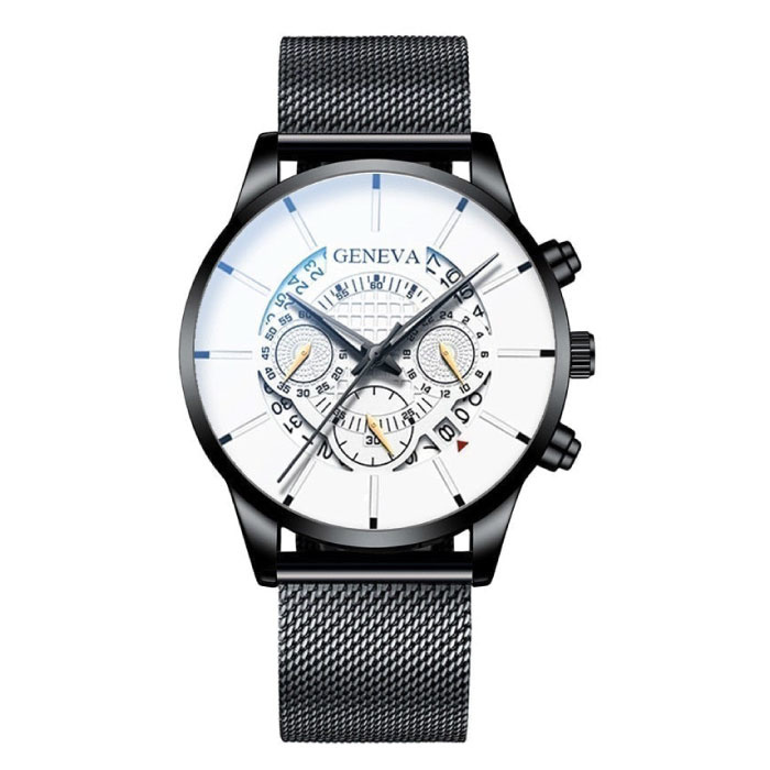 Montre Classique pour Homme - Bracelet en Acier Quartz Montre de Luxe Calendrier Business Noir Blanc