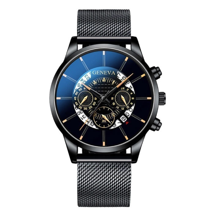 Reloj clásico para hombre - Reloj de lujo con correa de acero de cuarzo Calendario Business Negro Amarillo