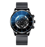 Geneva Montre Classique pour Homme - Bracelet en Acier Quartz Montre de Luxe Calendrier Business Noir Bleu