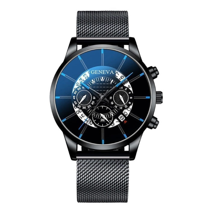 Orologio classico da uomo - Cinturino in acciaio al quarzo Orologio di lusso Calendario Business Nero Blu