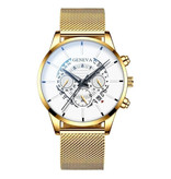 Geneva Classic Watch for Men - Quartz Steel Strap Luxury Timepiece Calendar Business Gold White