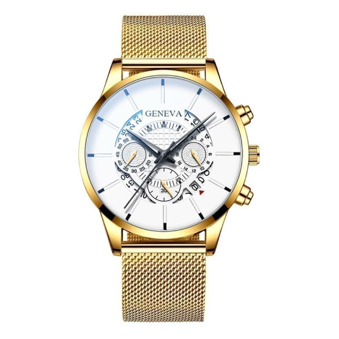 Montre Classique pour Homme - Bracelet en Acier Quartz Montre de Luxe Calendrier Business Or Blanc