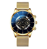 Geneva Classic Watch for Men - Quartz Steel Strap Luxury Timepiece Calendar Business Gold Black