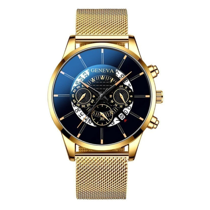 Reloj clásico para hombre - Reloj de lujo con correa de acero de cuarzo Calendario Business Gold Black