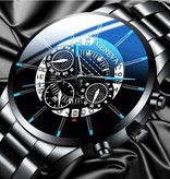 Geneva Classic Watch for Men - Quartz Steel Strap Luxury Timepiece Calendar Business Black Gold