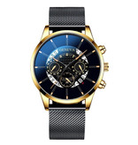 Geneva Classic Watch for Men - Quartz Steel Strap Luxury Timepiece Calendar Business Black Gold