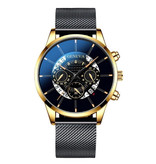 Geneva Klassiek Horloge voor Heren - Kwarts Stalen Riem Luxe Uurwerk Kalender Zakelijk Zwart Goud