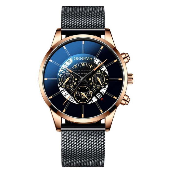 Reloj clásico para hombre - Correa de acero de cuarzo Reloj de lujo Calendario Negocios Negro Oro rosa