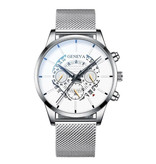 Geneva Montre Classique pour Homme - Bracelet en Acier Quartz Montre de Luxe Calendrier Business Argent Blanc