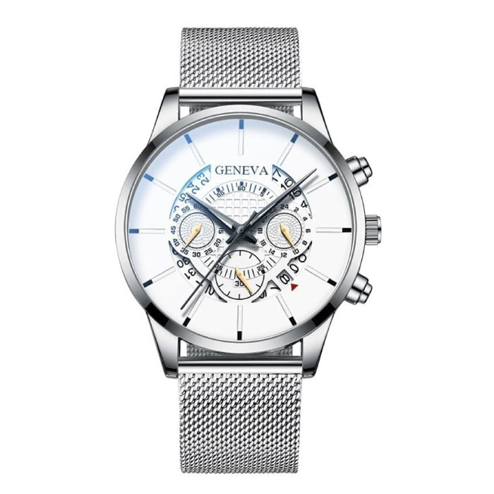 Reloj clásico para hombre - Correa de acero de cuarzo Reloj de lujo Calendario Business Silver White