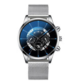 Geneva Classic Watch for Men - Quartz Steel Strap Luxury Timepiece Calendar Business Silver Black