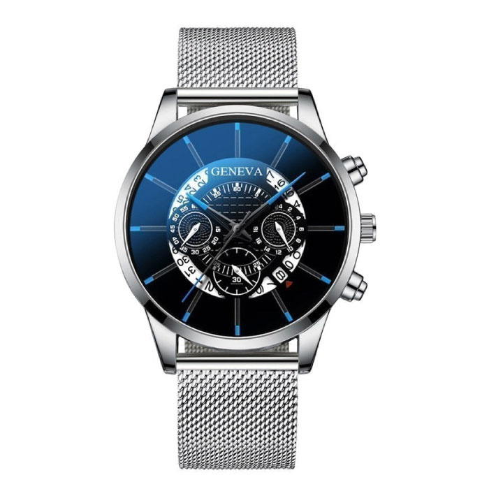 Reloj clásico para hombre - Reloj de lujo con correa de acero de cuarzo Calendario Business Plata Negro