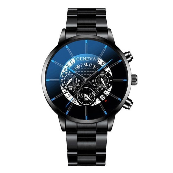 Klasyczny zegarek dla mężczyzn — kwarcowy pasek ze stali luksusowy zegarek z kalendarzem biznesowy czarny niebieski