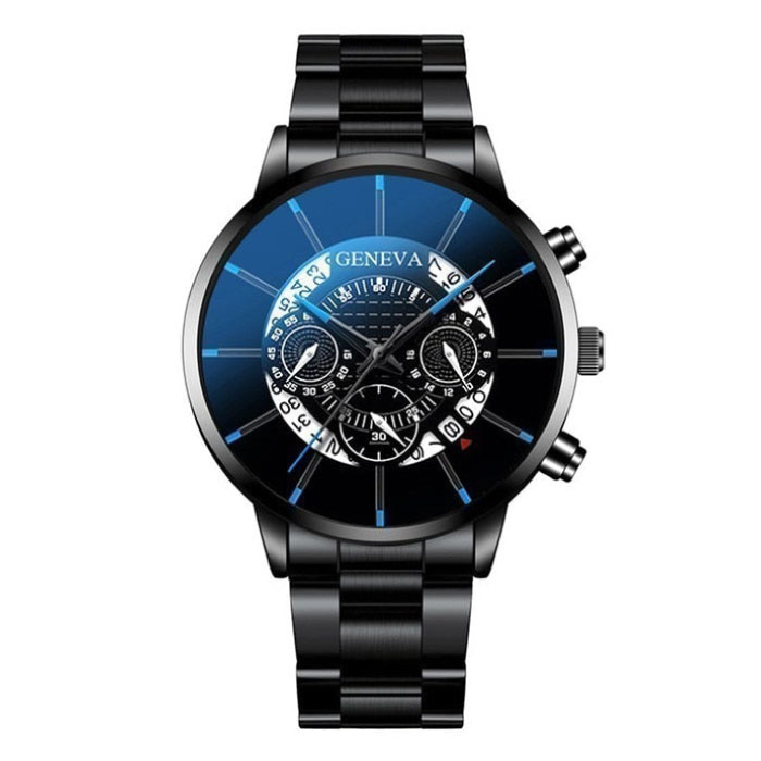 Reloj clásico para hombre, correa de acero de cuarzo, reloj de lujo, calendario, negocios, negro, azul