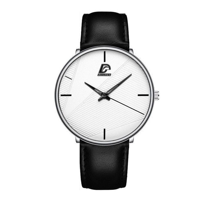 Montre minimaliste pour homme - Mouvement à quartz ultra-mince à la mode avec bracelet en cuir blanc argenté