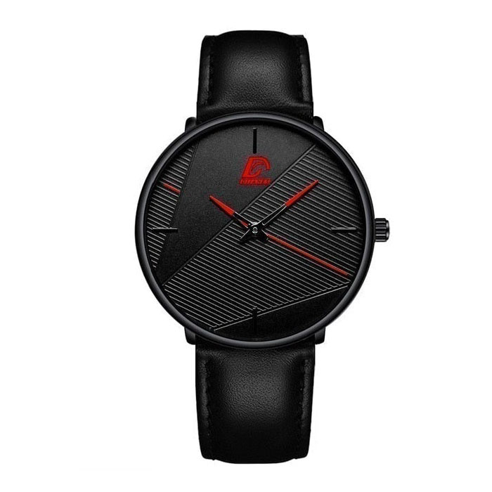 Minimalistische Herrenuhr - Fashion ultradünnes Business Quarzwerk schwarz rotes Lederarmband